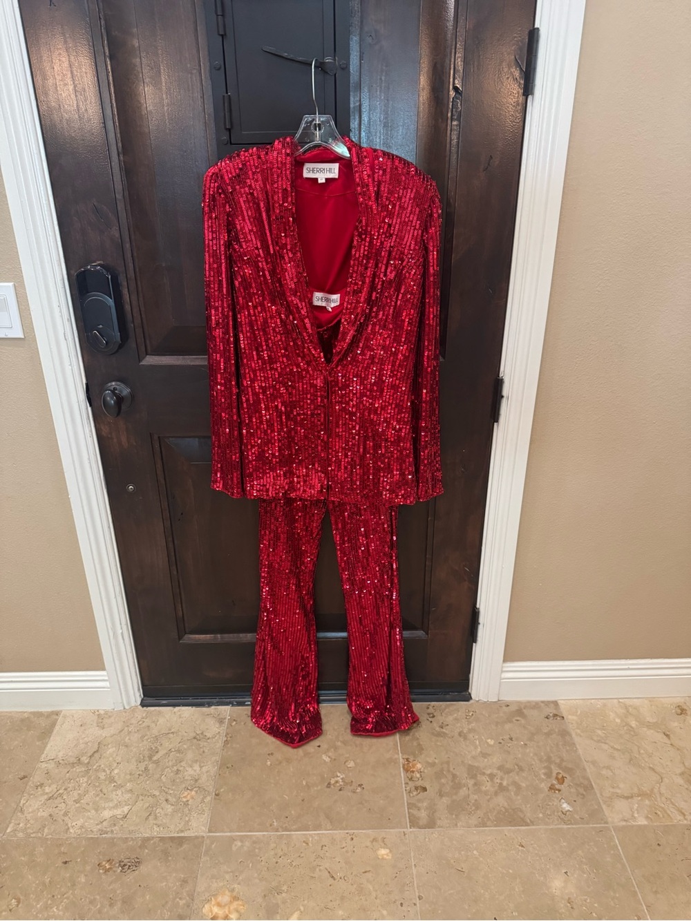 Brand new with tags Sherri Hill Red Sequin Blazer and Boot-Cut Pants Set.